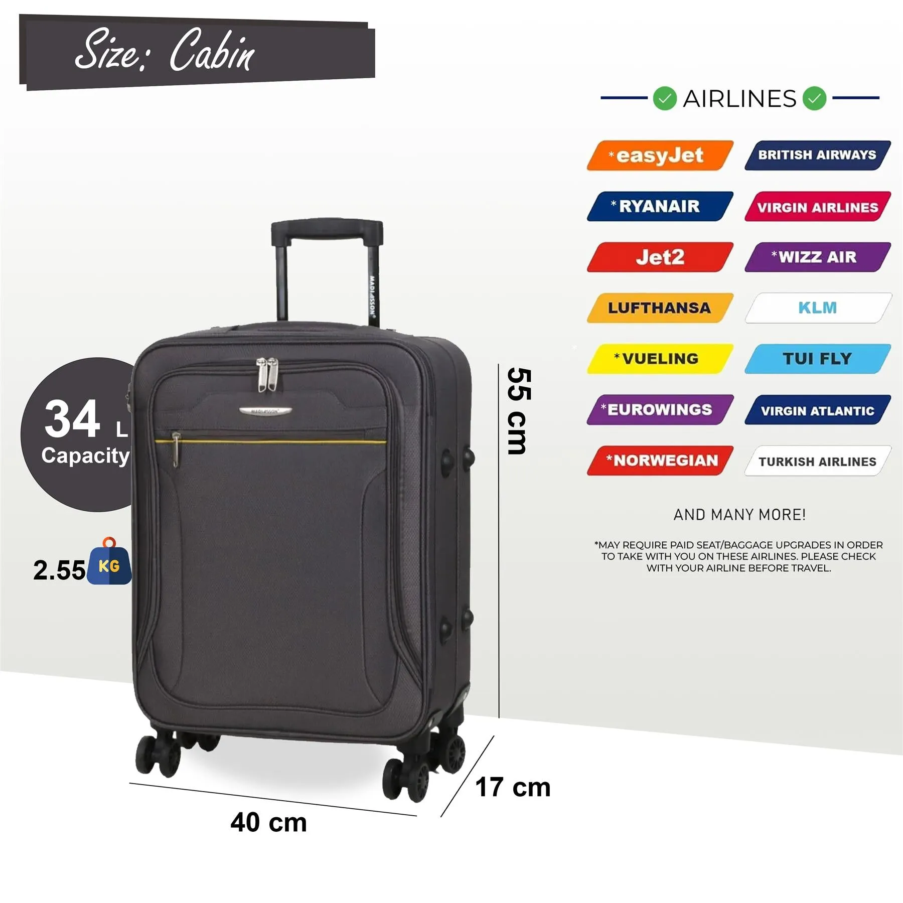 Soft Cabin Suitcase 55 x 40 x 17 cm Suitable for Easyjet, Ryanair