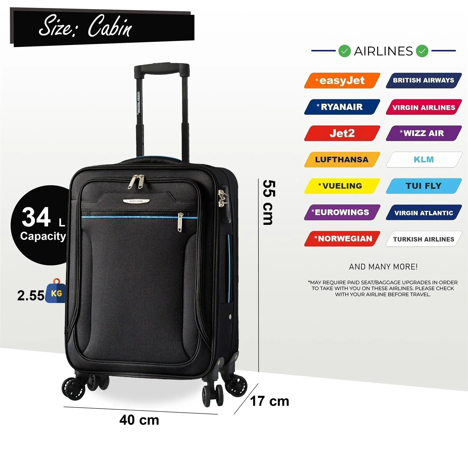 Soft Cabin Suitcase 55 x 40 x 17 cm Suitable for Easyjet, Ryanair