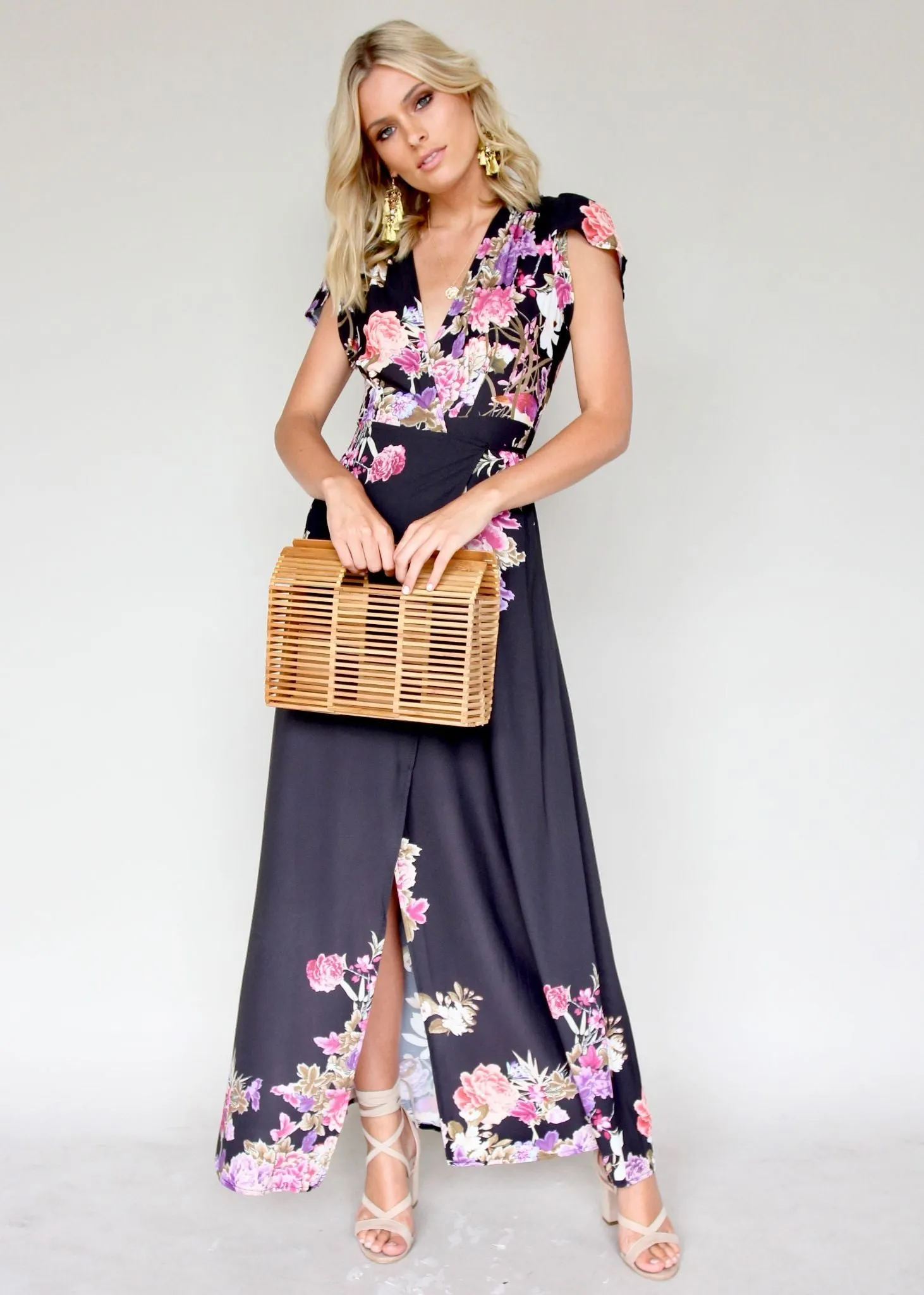 South Branch Wrap Maxi Dress - Black Botanica