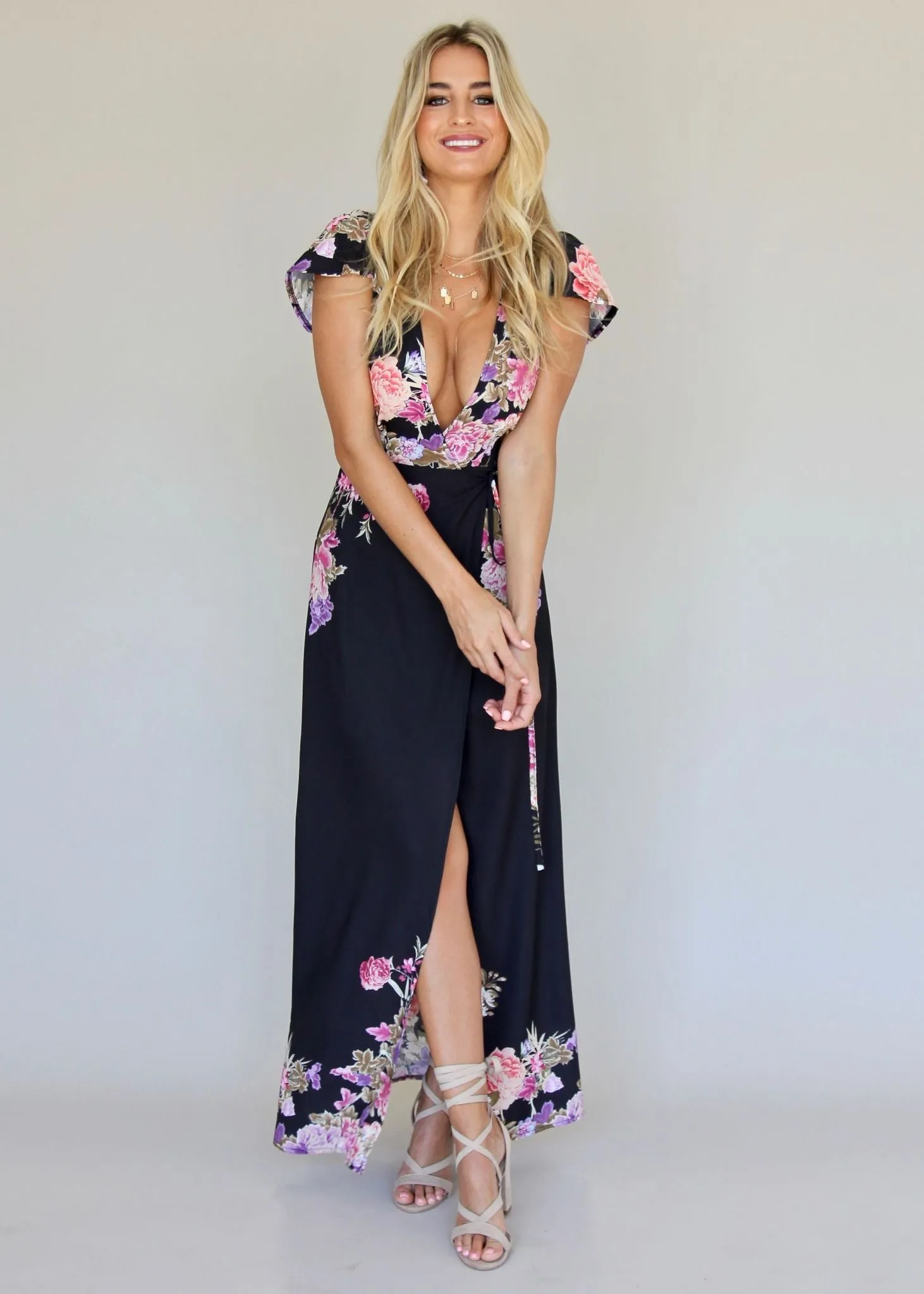 South Branch Wrap Maxi Dress - Black Botanica