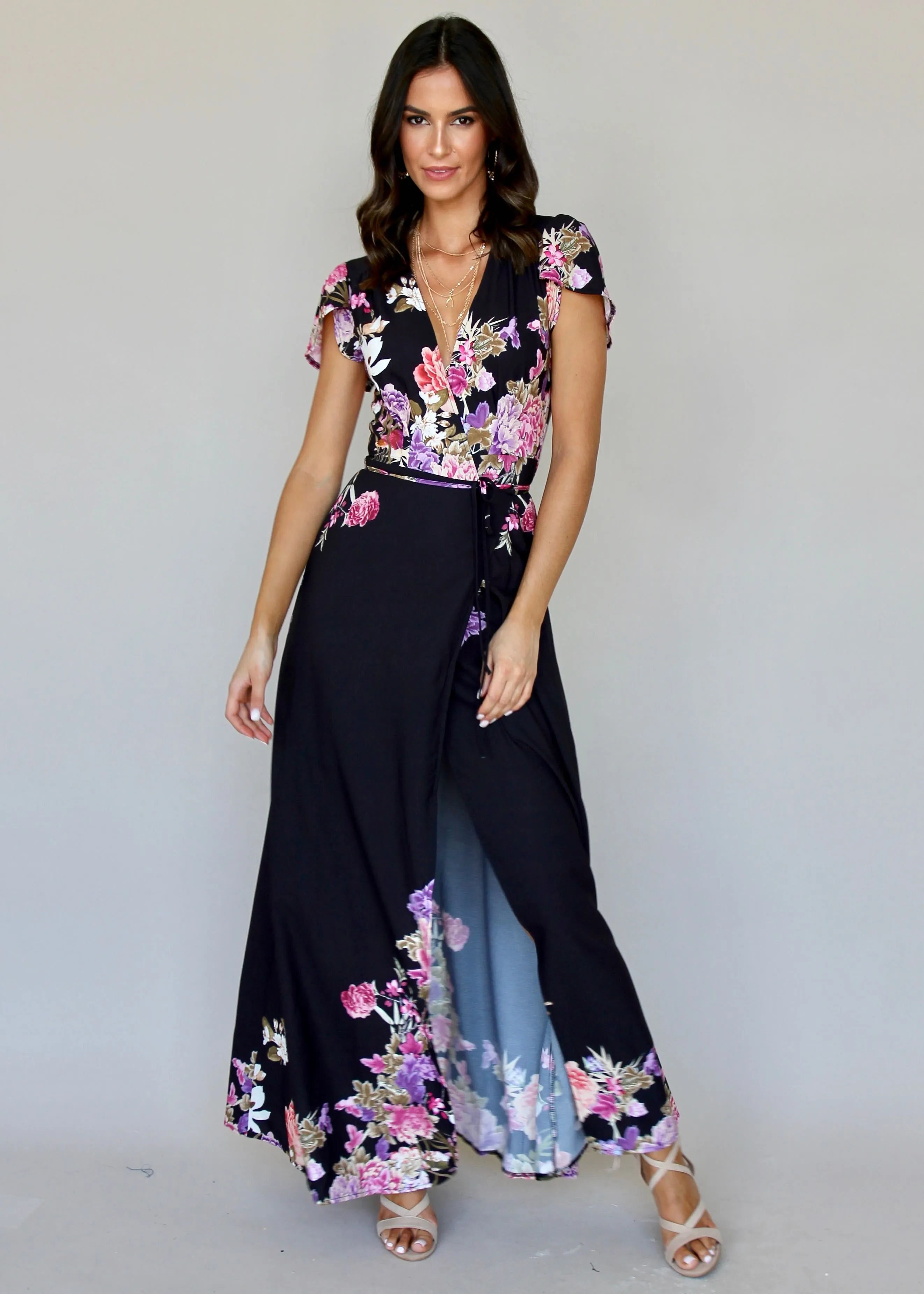 South Branch Wrap Maxi Dress - Black Botanica