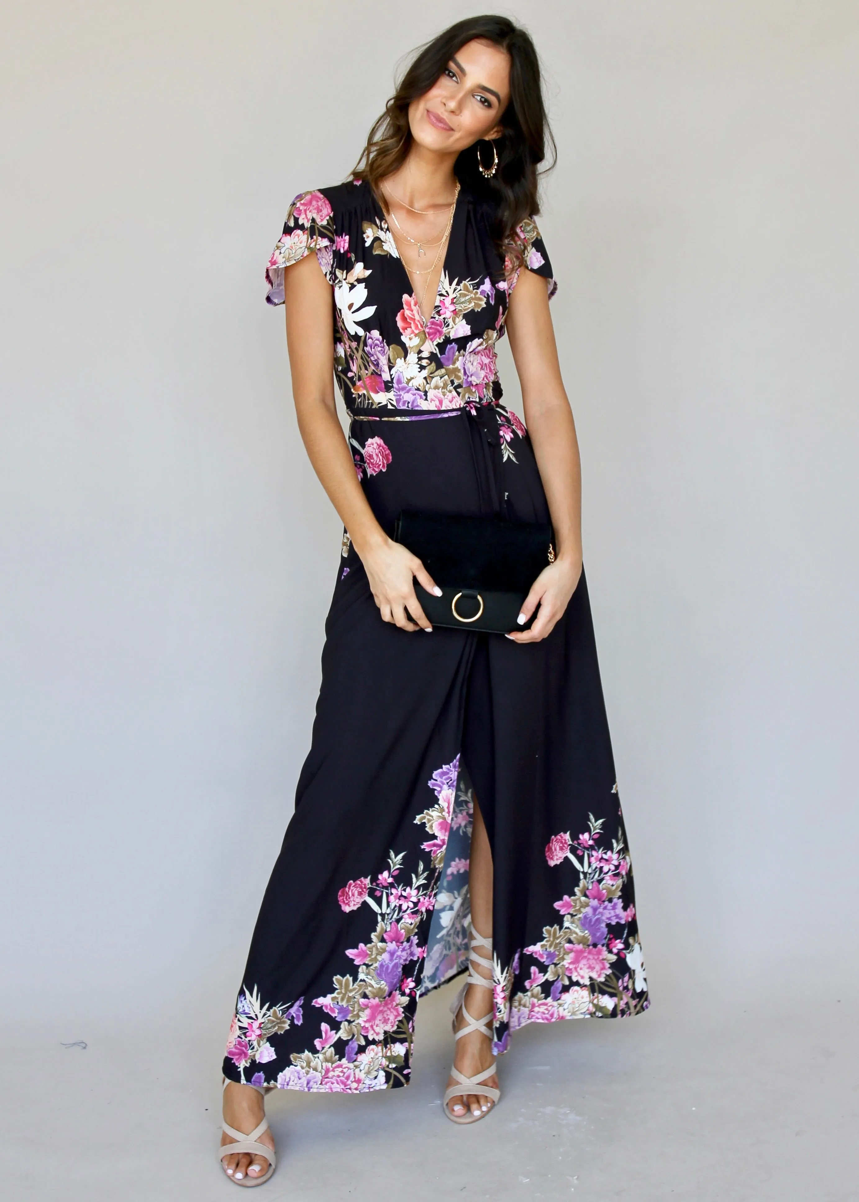 South Branch Wrap Maxi Dress - Black Botanica