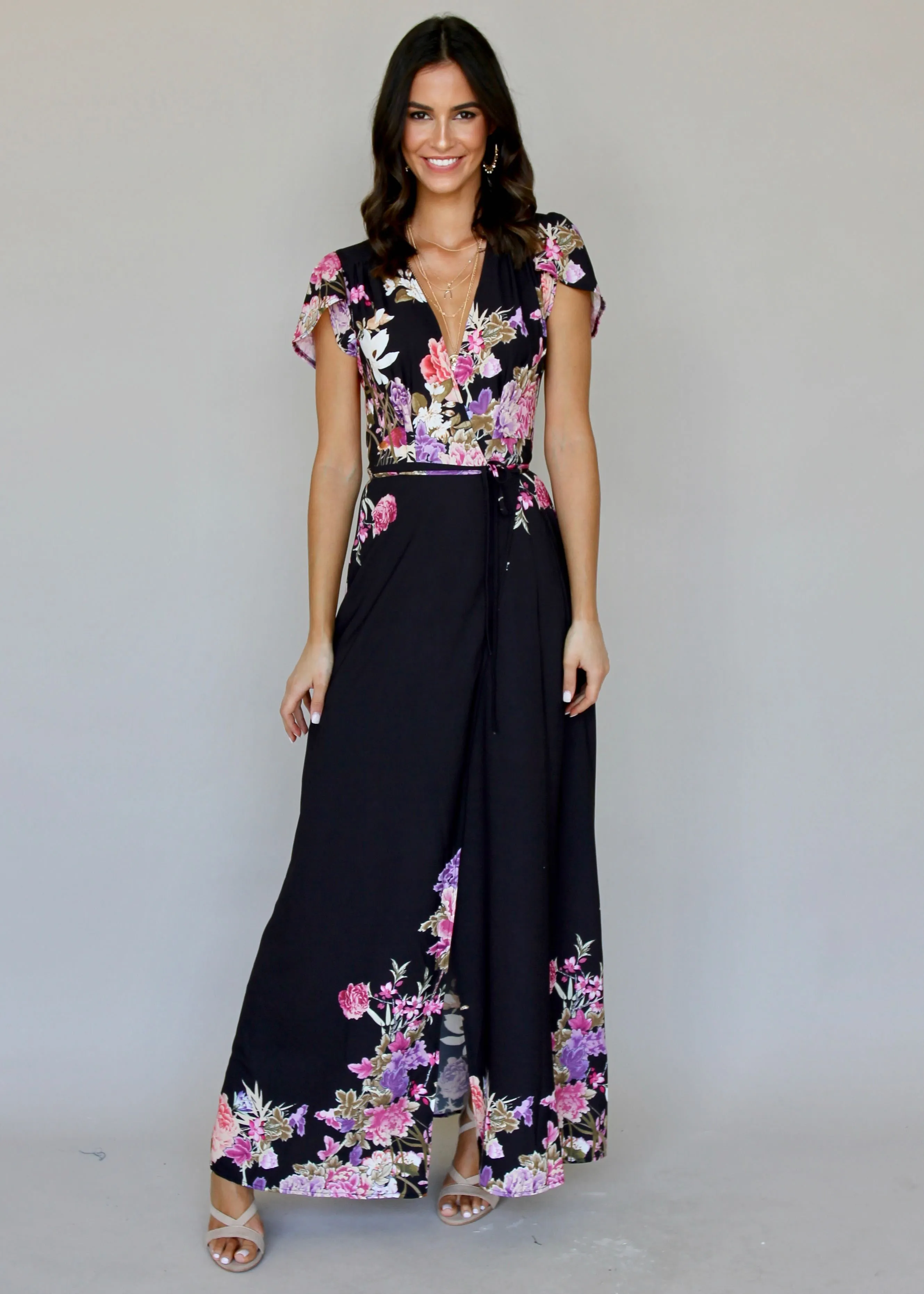 South Branch Wrap Maxi Dress - Black Botanica