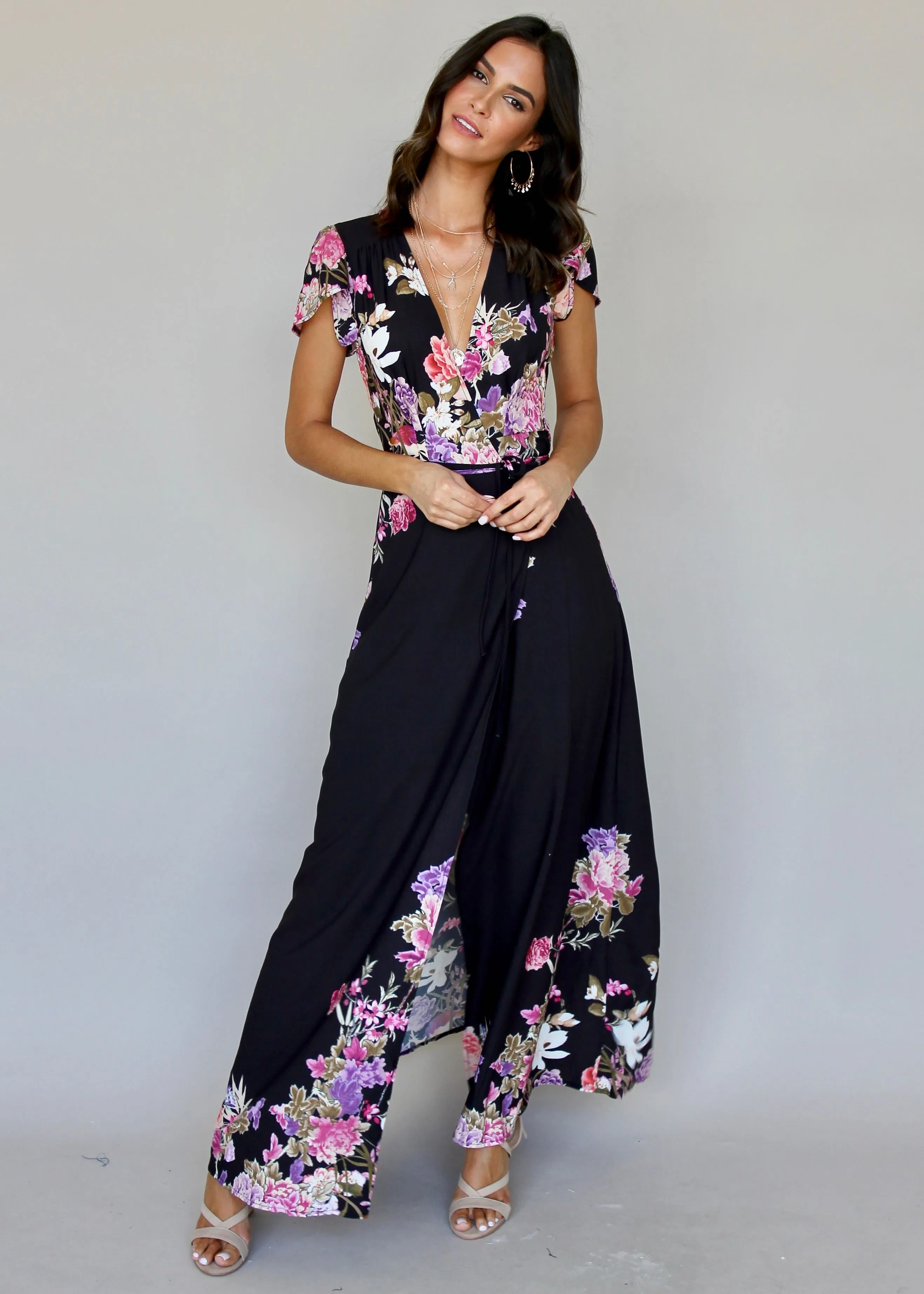 South Branch Wrap Maxi Dress - Black Botanica