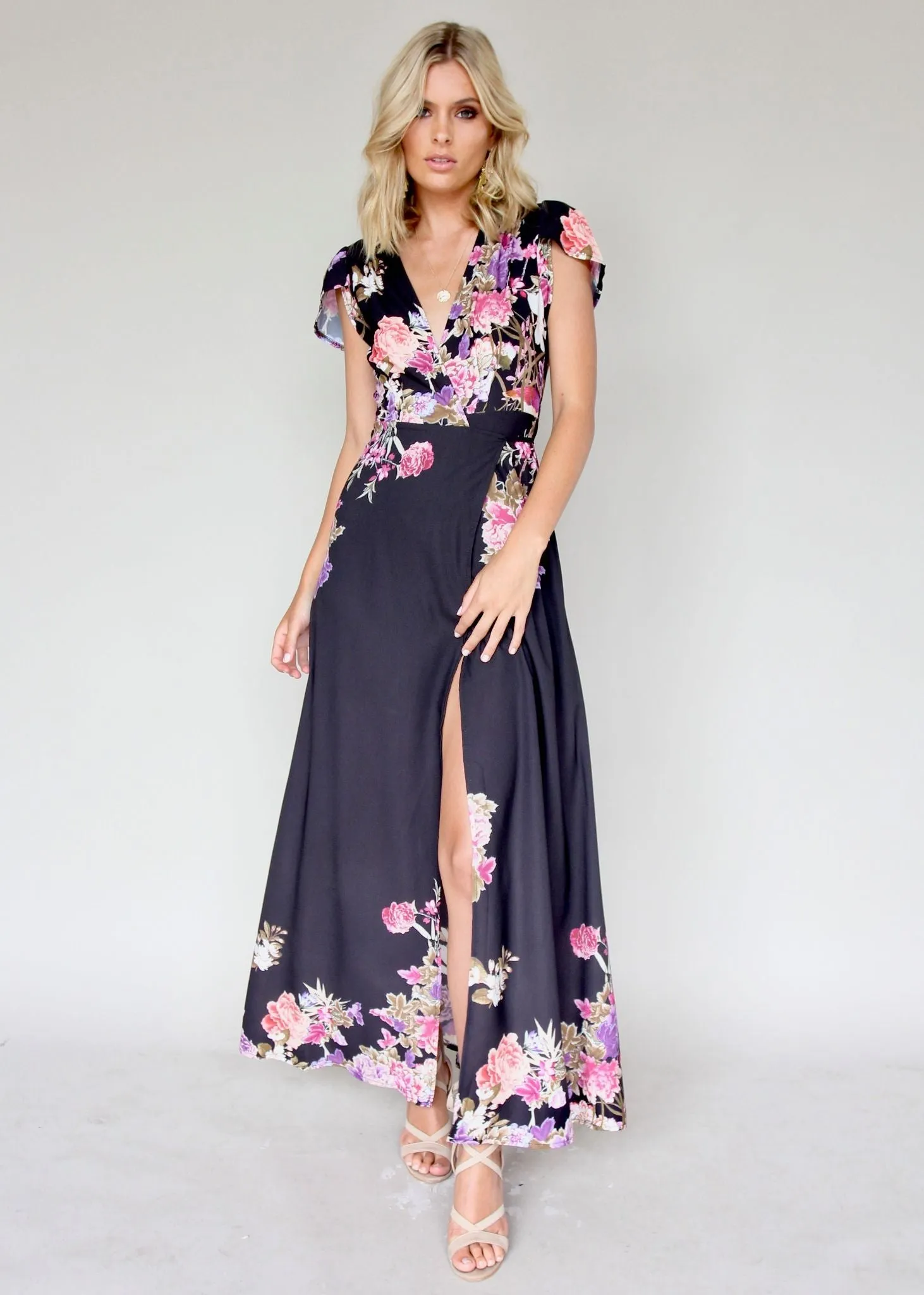 South Branch Wrap Maxi Dress - Black Botanica