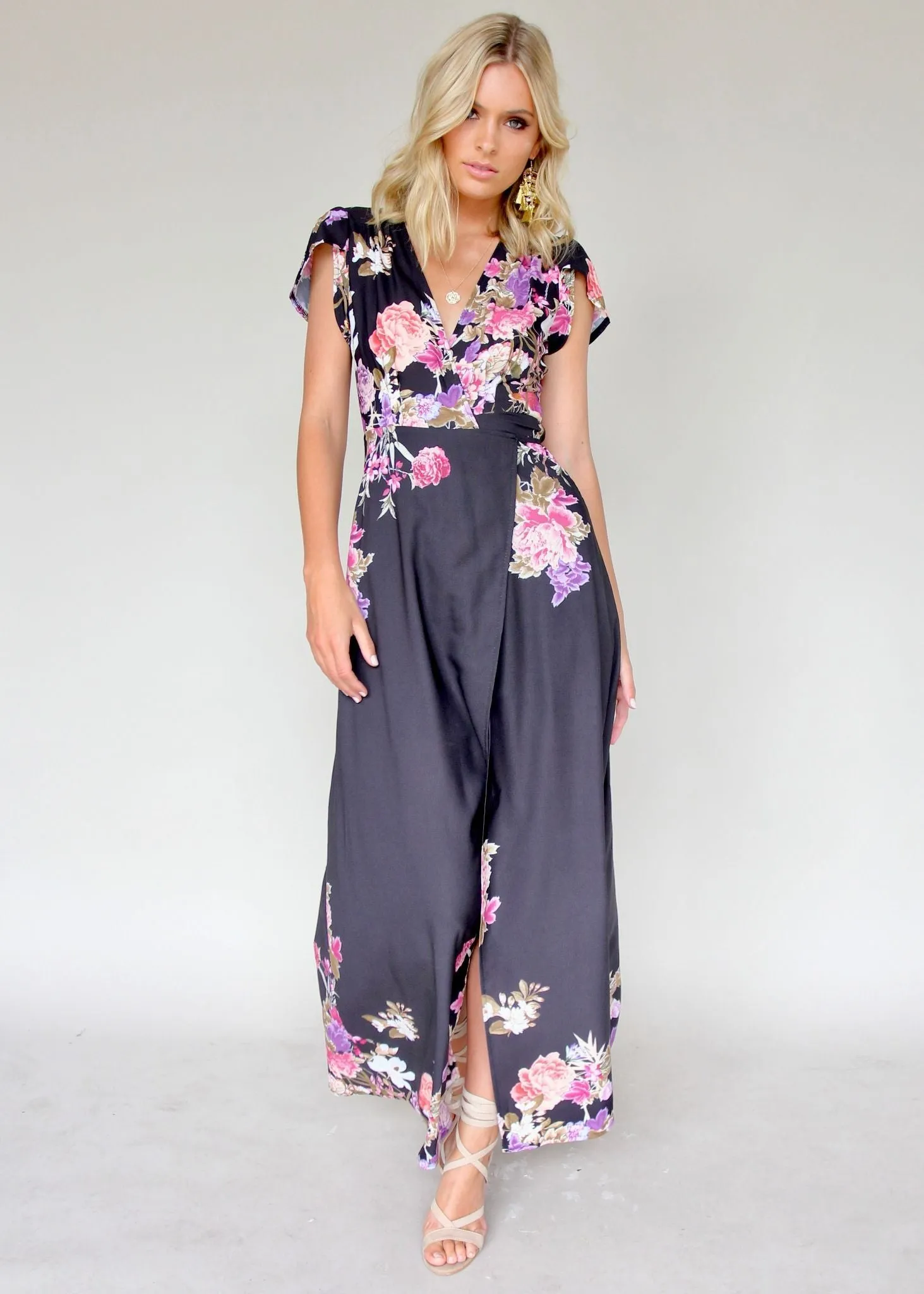 South Branch Wrap Maxi Dress - Black Botanica