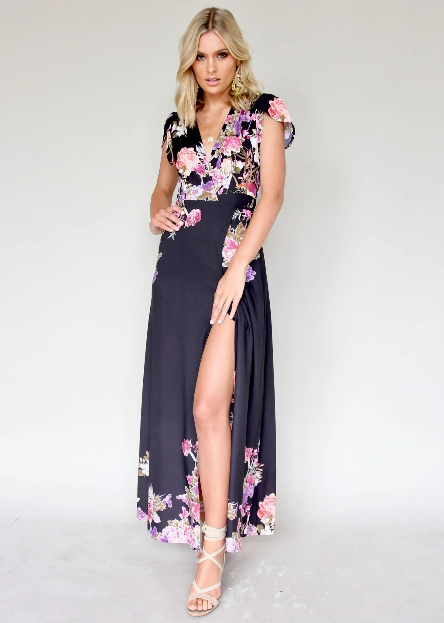 South Branch Wrap Maxi Dress - Black Botanica