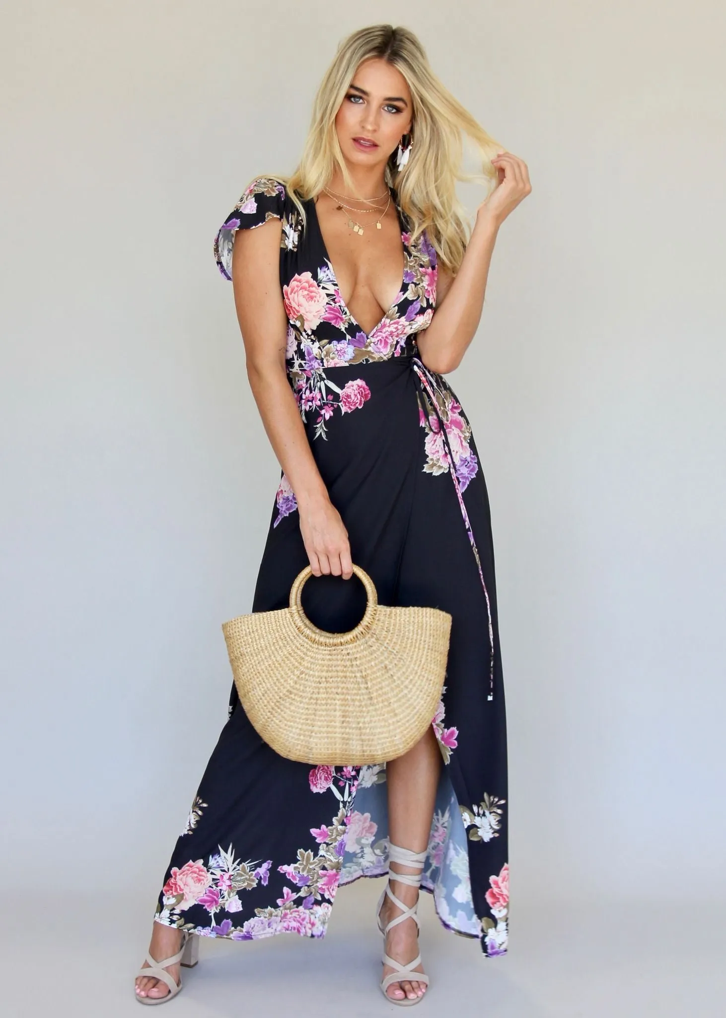 South Branch Wrap Maxi Dress - Black Botanica