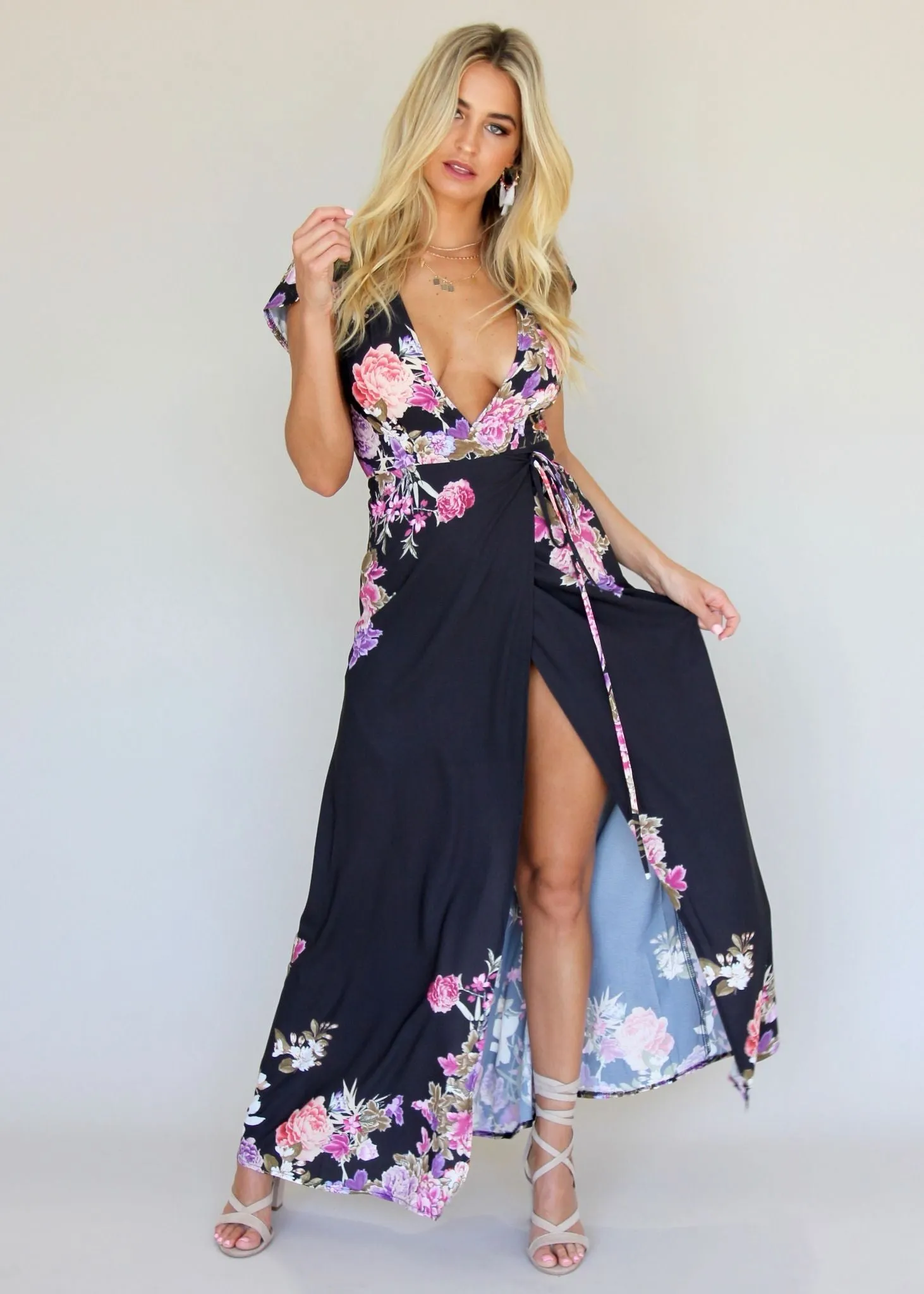 South Branch Wrap Maxi Dress - Black Botanica