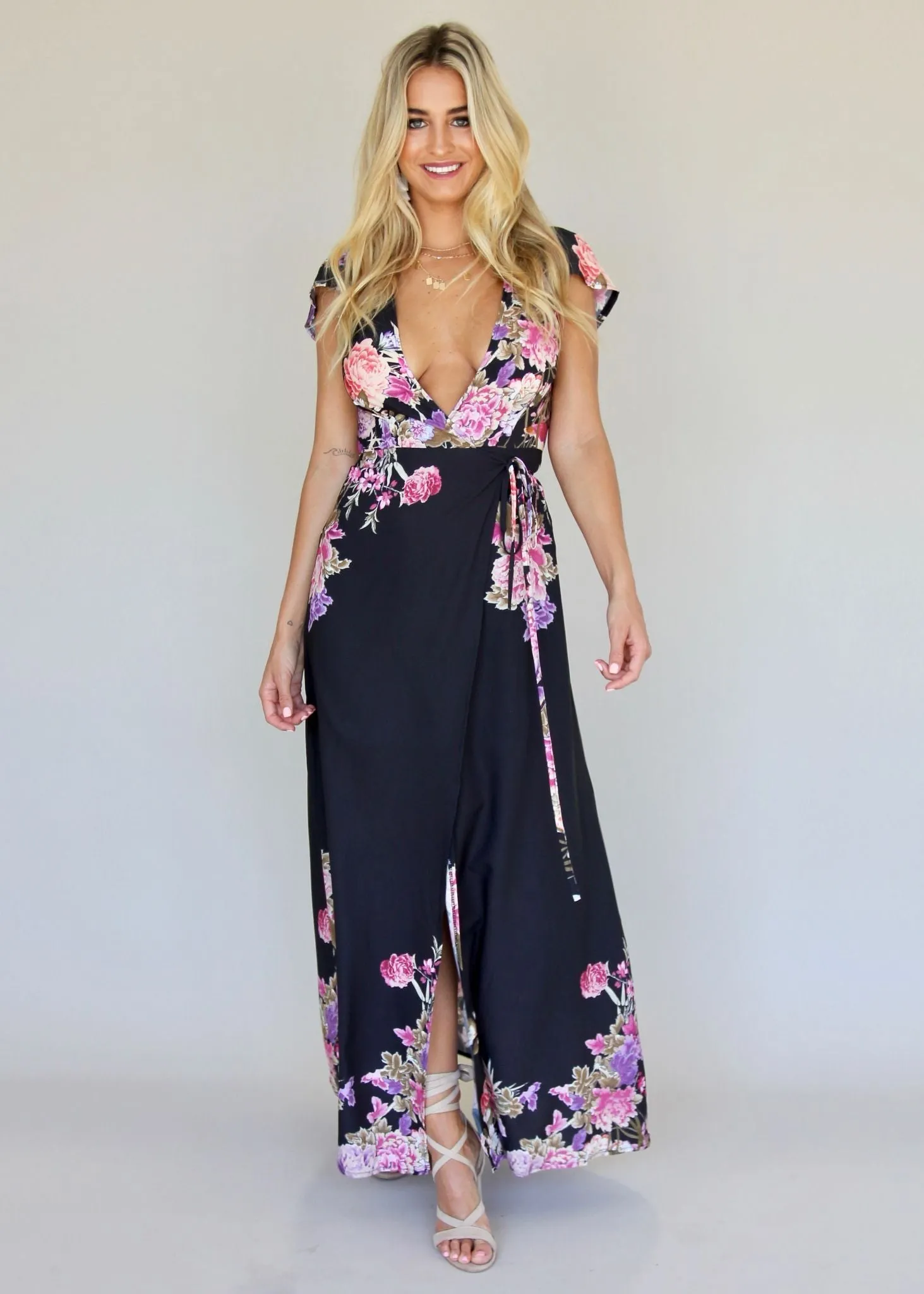 South Branch Wrap Maxi Dress - Black Botanica