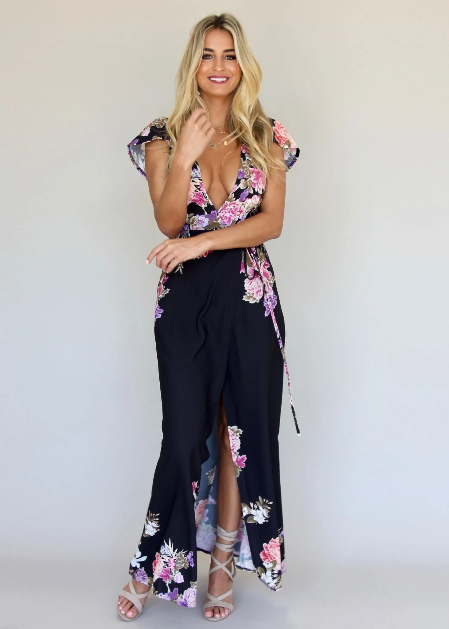 South Branch Wrap Maxi Dress - Black Botanica