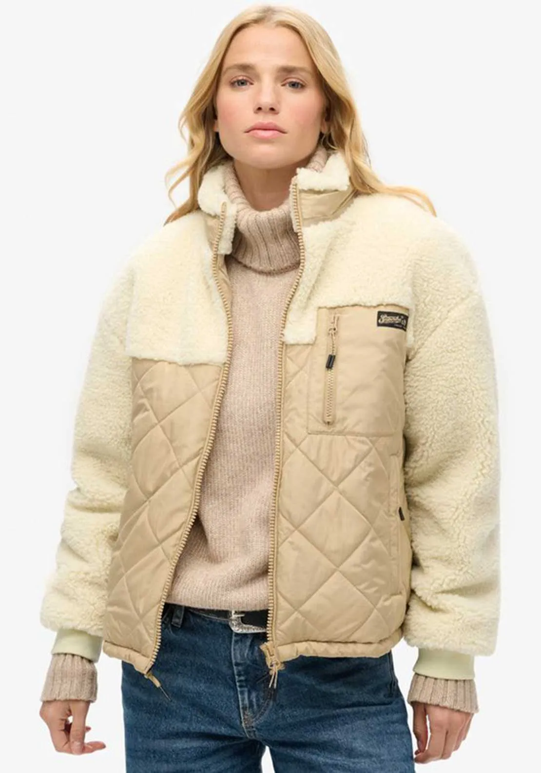 Superdry Womens Hybrid Borg Mix Jacket, Cream