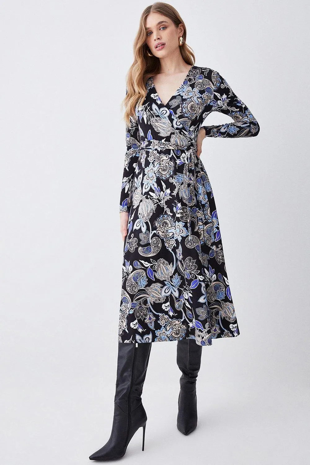 Tall Floral Belted Wrap Viscose Blend Jersey Midaxi Dress | Karen Millen