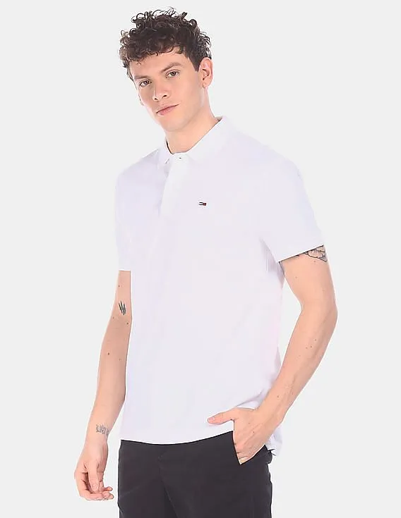 Tommy Hilfiger Men White Ribbed Polo Collar Solid Polo Shirt