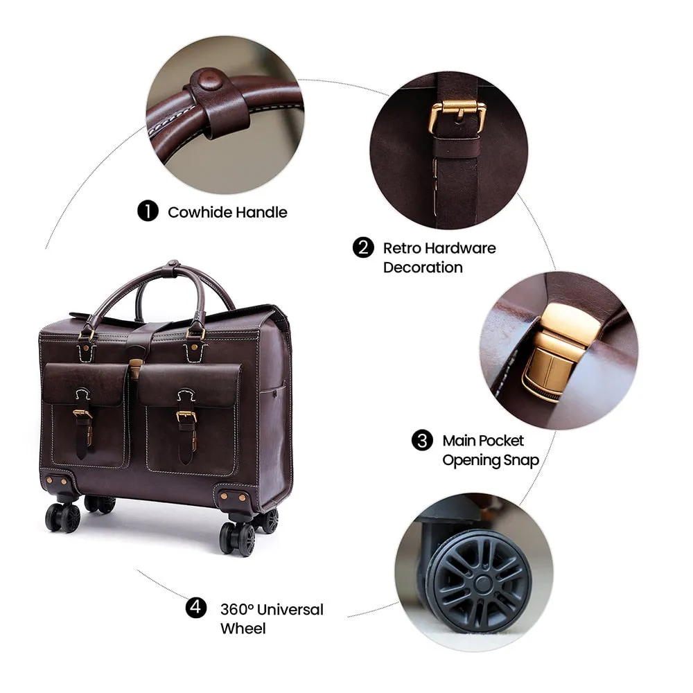 Unisex Genuine Leather Luggage Spinner Wheels Business Trolley Suitcase