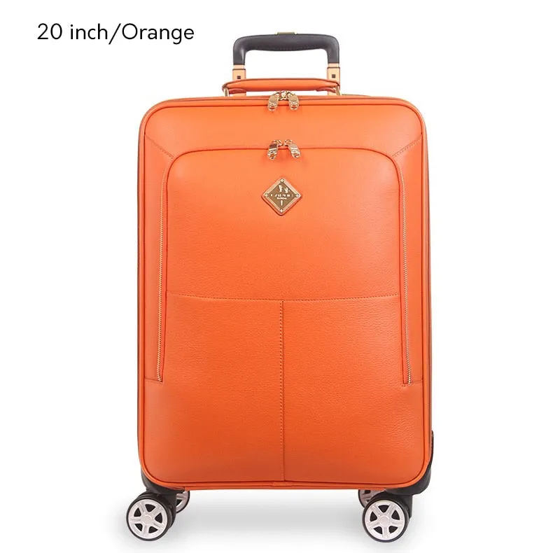 Unisex Genuine Leather Rolling Luggage Spinner Travel Trolley Suitcase