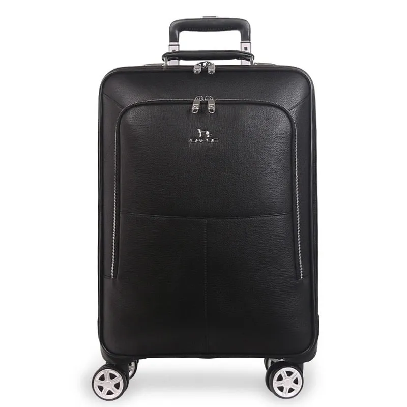 Unisex Genuine Leather Rolling Luggage Spinner Travel Trolley Suitcase