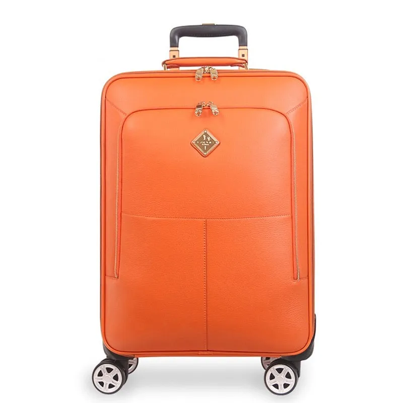 Unisex Genuine Leather Rolling Luggage Spinner Travel Trolley Suitcase