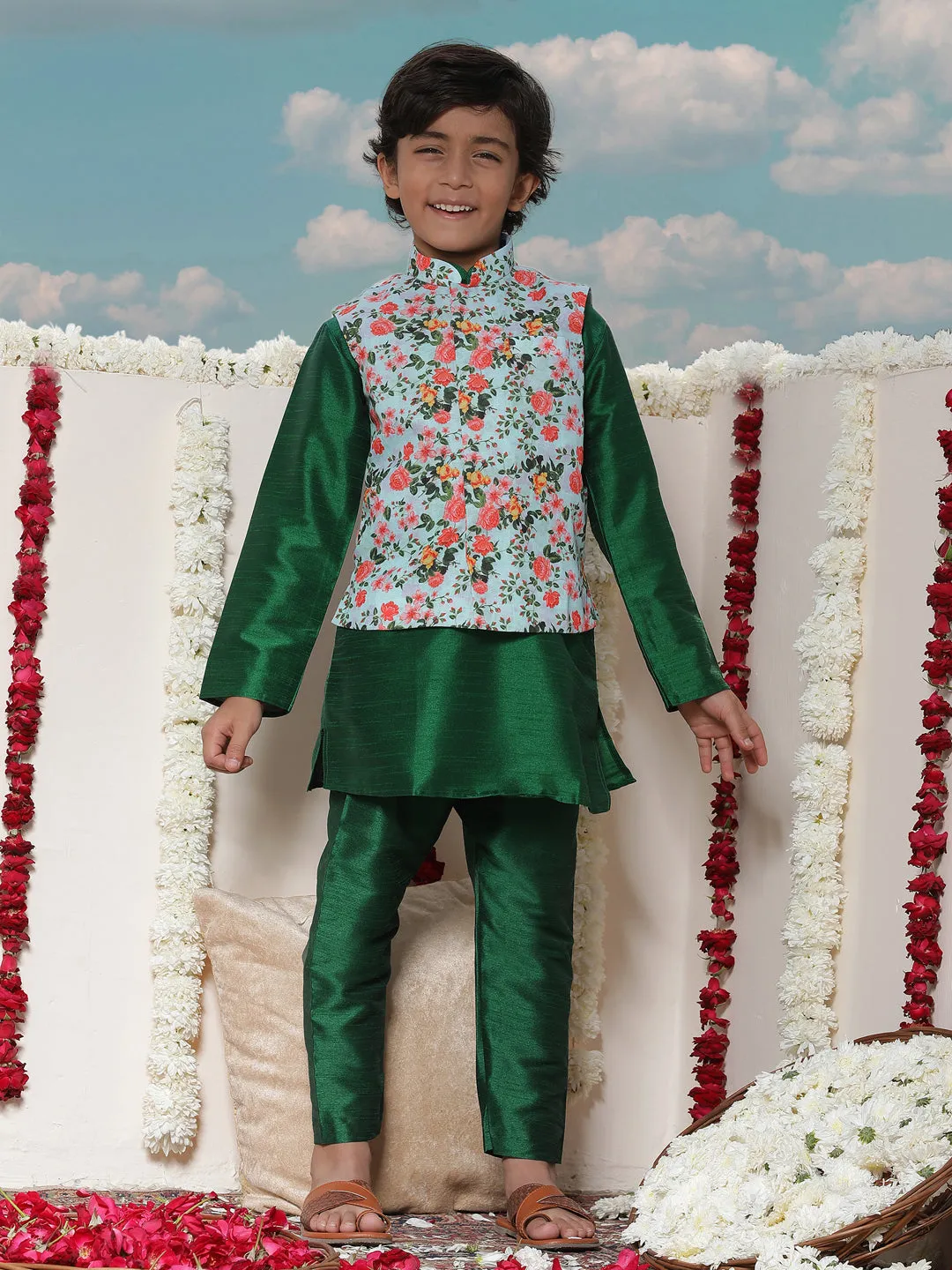 Vastramay Boy's Aqua Floral Printed Nehru Jacket With Green Kurta And Pyjama Set