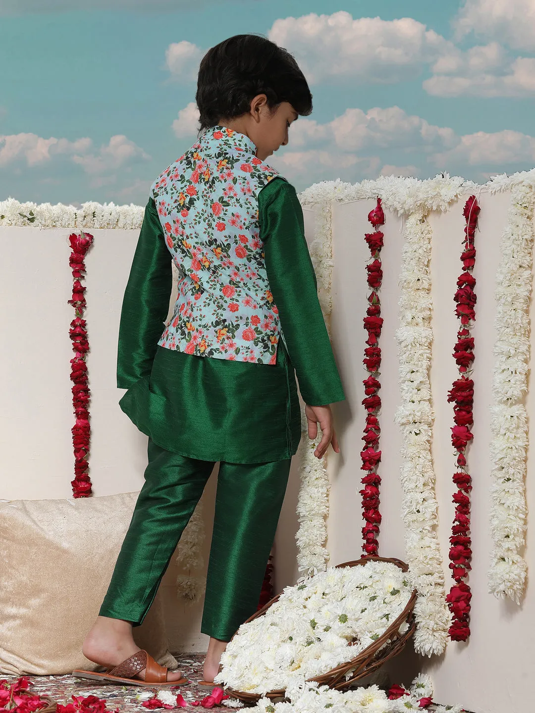 Vastramay Boy's Aqua Floral Printed Nehru Jacket With Green Kurta And Pyjama Set