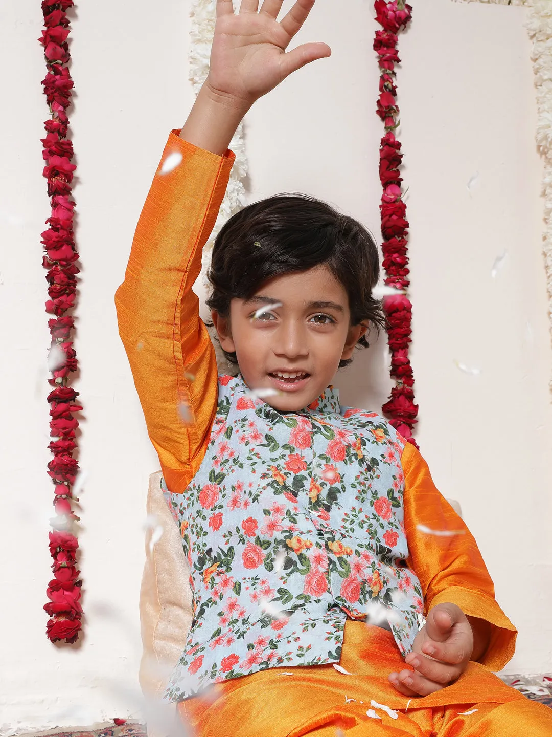 Vastramay Boy's Aqua Floral Printed Nehru Jacket With Orange Kurta And Pyjama Set