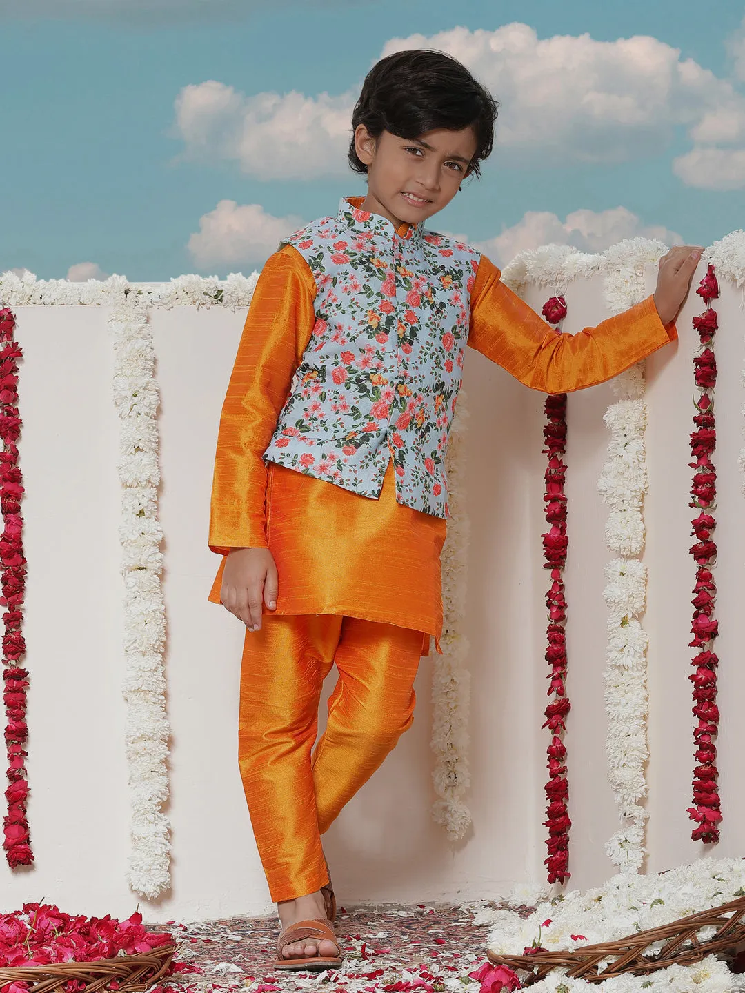 Vastramay Boy's Aqua Floral Printed Nehru Jacket With Orange Kurta And Pyjama Set