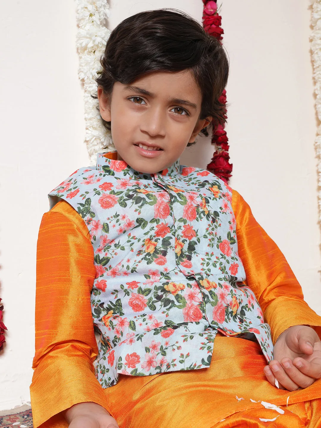 Vastramay Boy's Aqua Floral Printed Nehru Jacket With Orange Kurta And Pyjama Set