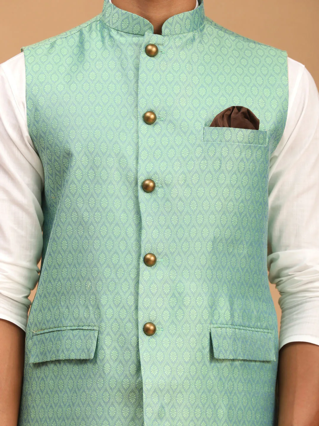 VASTRAMAY Men's Green Jacquard Nehru Jacket with Kurta Pyjama Set