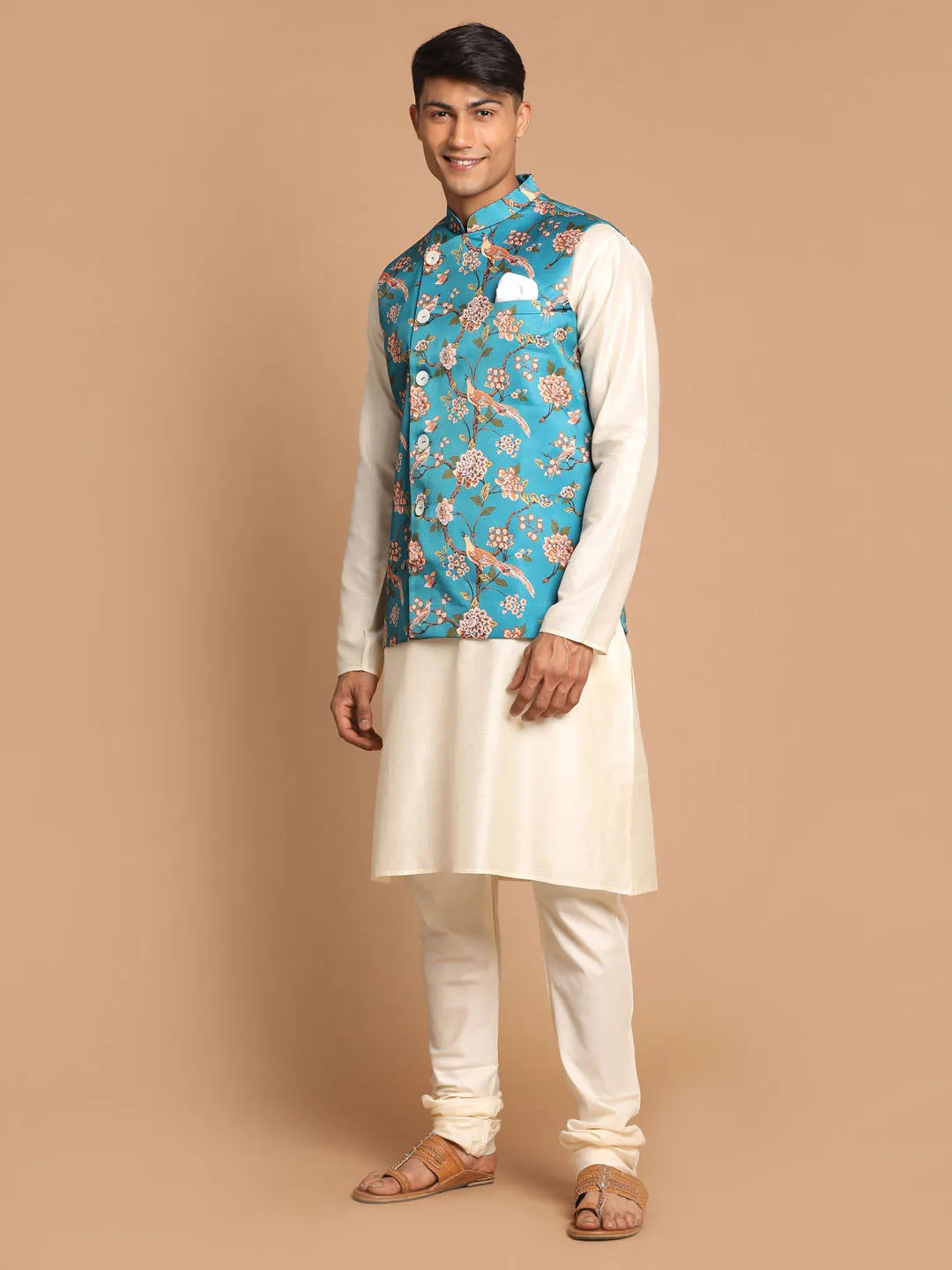 VASTRAMAY Men's Turquoise Digital Printed Royal Angrakha Nehru Jacket With Cream Kurta Pyjama