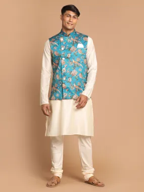 VASTRAMAY Men's Turquoise Digital Printed Royal Angrakha Nehru Jacket With Cream Kurta Pyjama