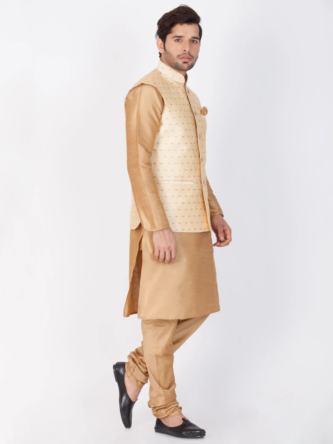 Vastramay Rose Gold Silk Blend Baap Beta Jacket Kurta Pyjama set