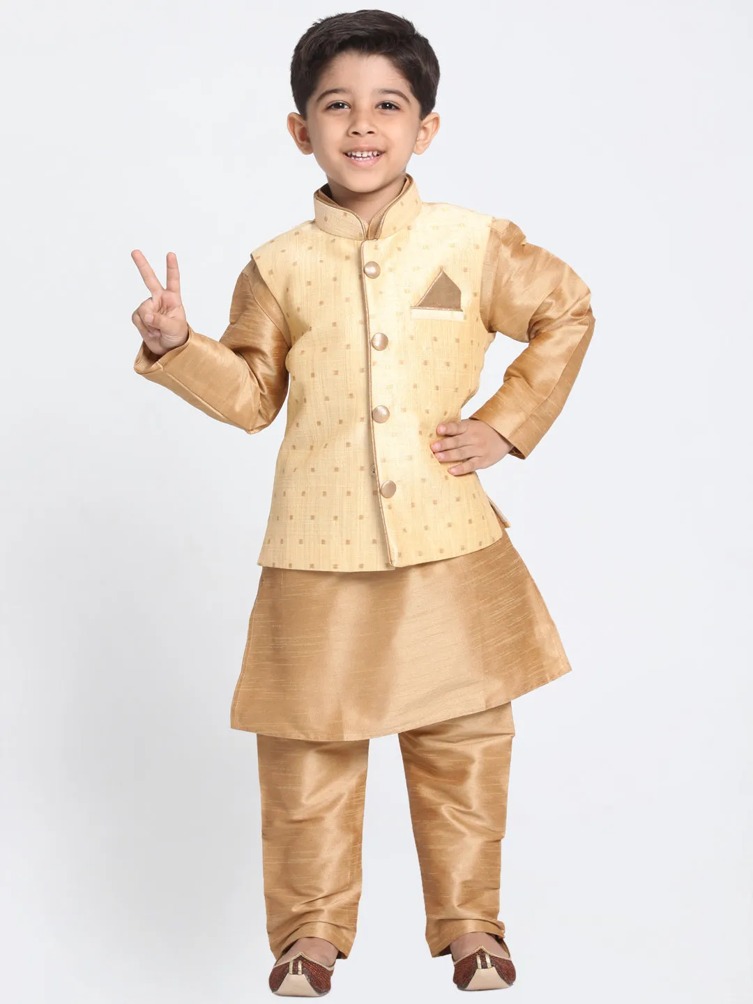 Vastramay Rose Gold Silk Blend Baap Beta Jacket Kurta Pyjama set