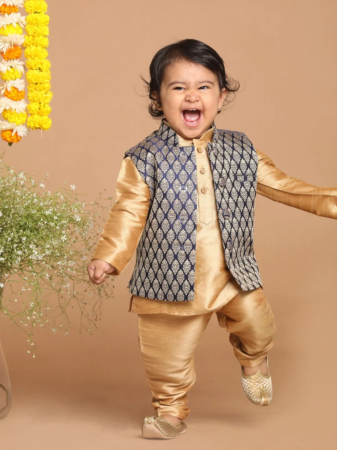 VASTRAMAY SISHU Boy's Gold-Toned & Blue Kurta with Pyjama & Nehru Jacket