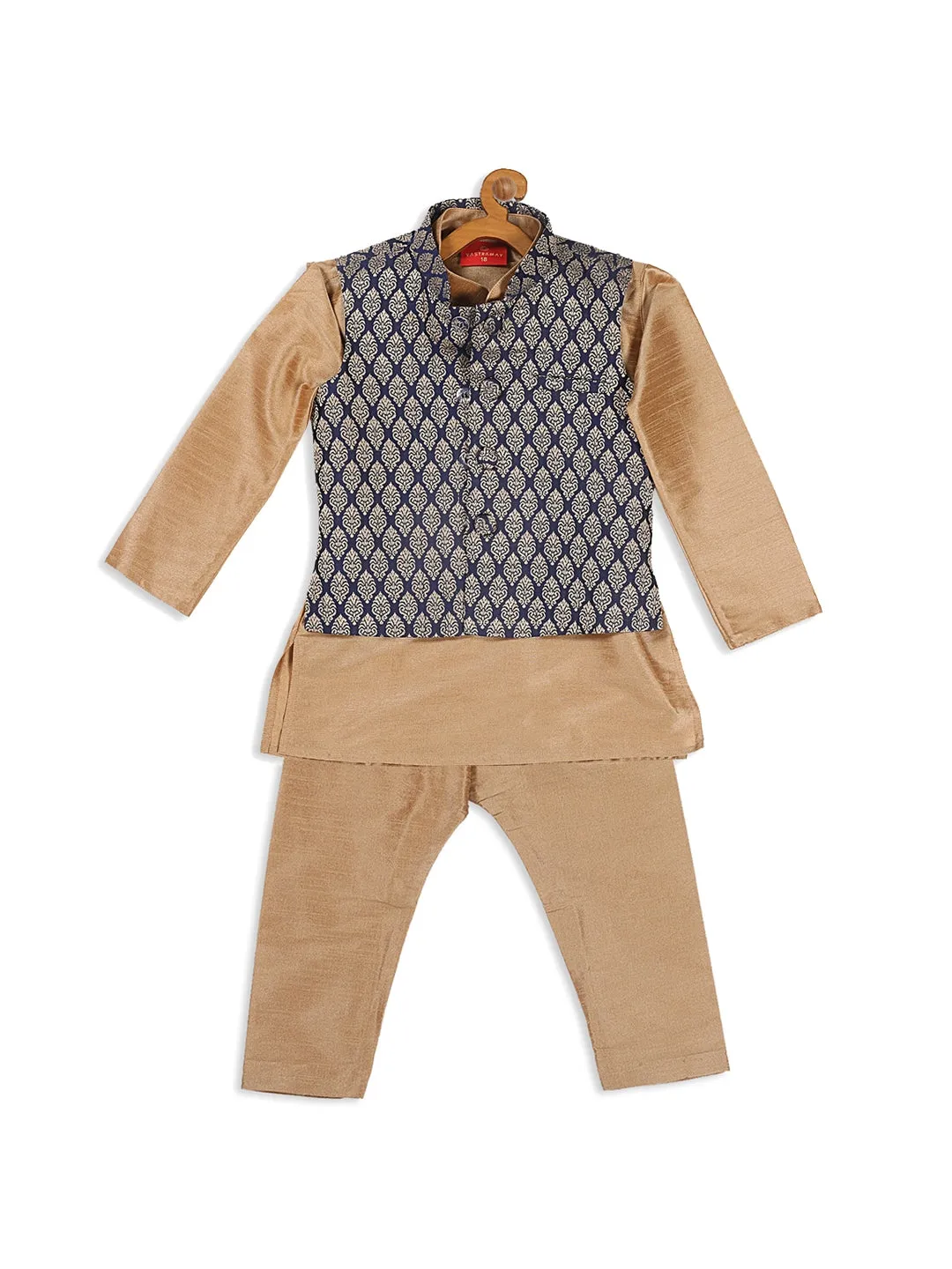 VASTRAMAY SISHU Boy's Gold-Toned & Blue Kurta with Pyjama & Nehru Jacket