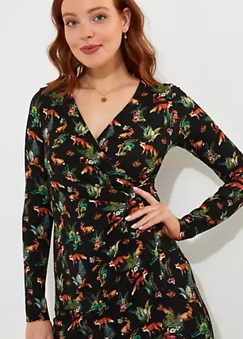 Wrap Front Ruched Woodland Creatures Jersey Dress by Joe Browns | Look Again