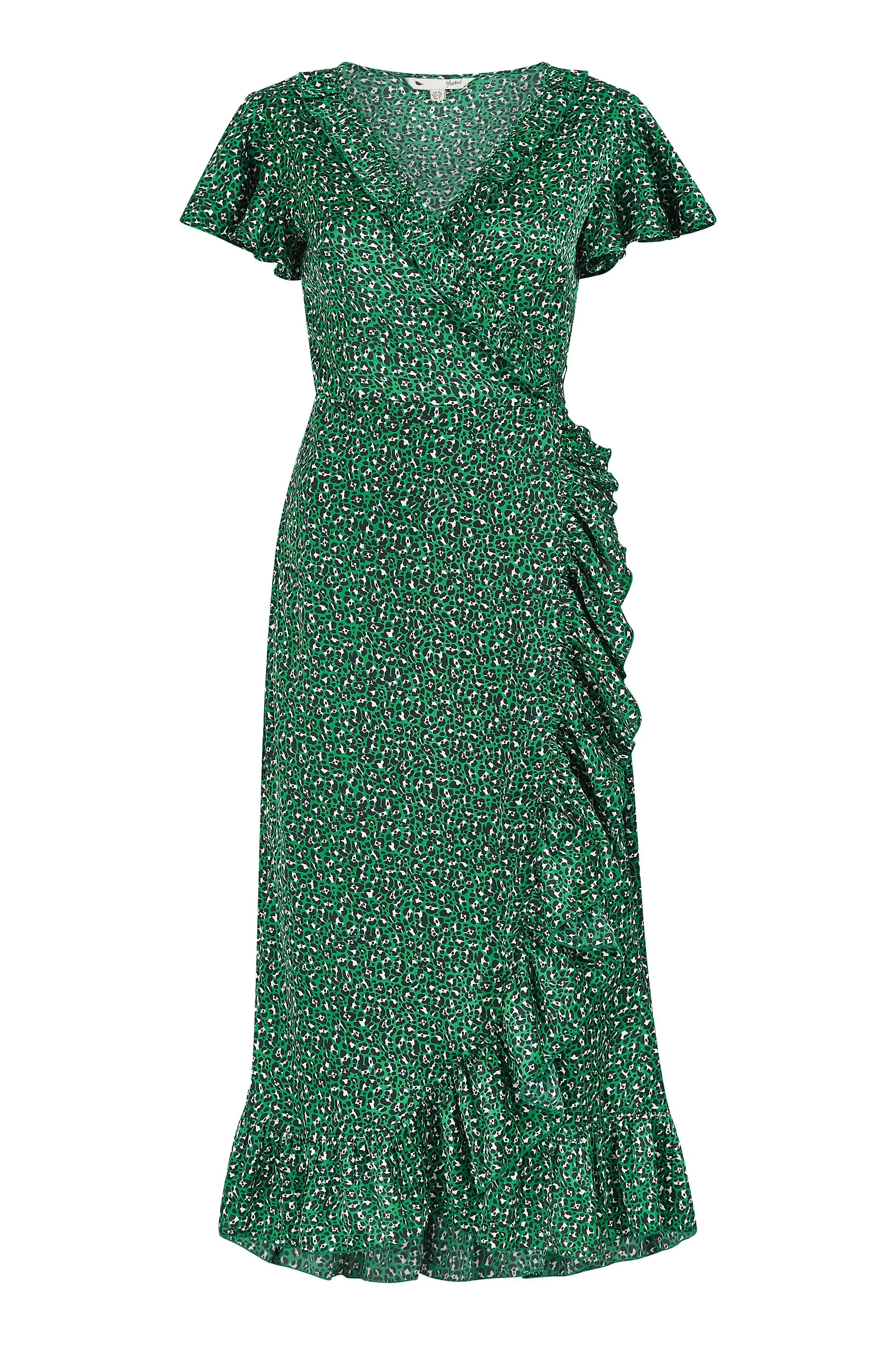 Yumi Green Leopard Satin Frill Wrap Midi Dress