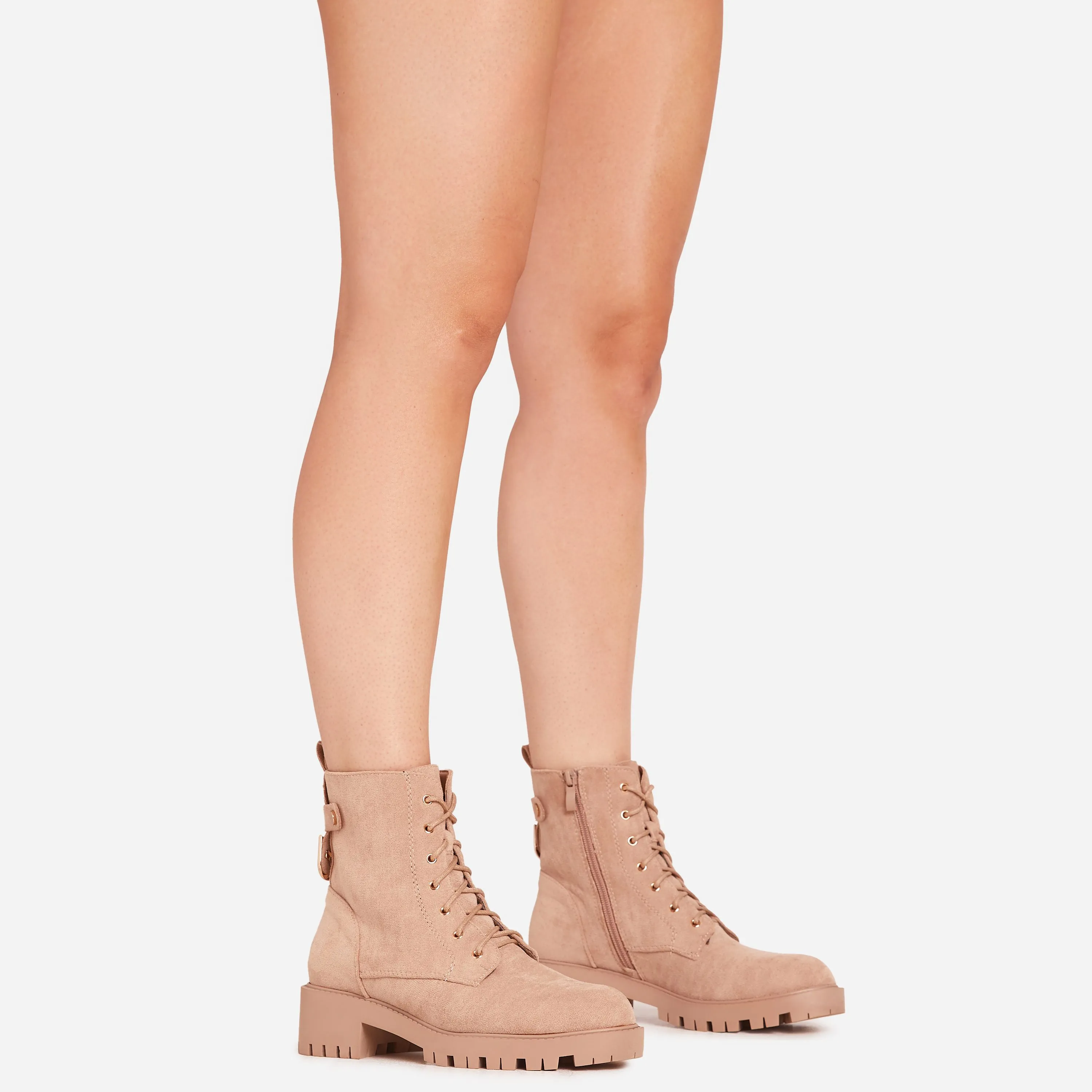 Zeasty Lace Up Chunky Ankle Biker Boot In Nude Faux Suede