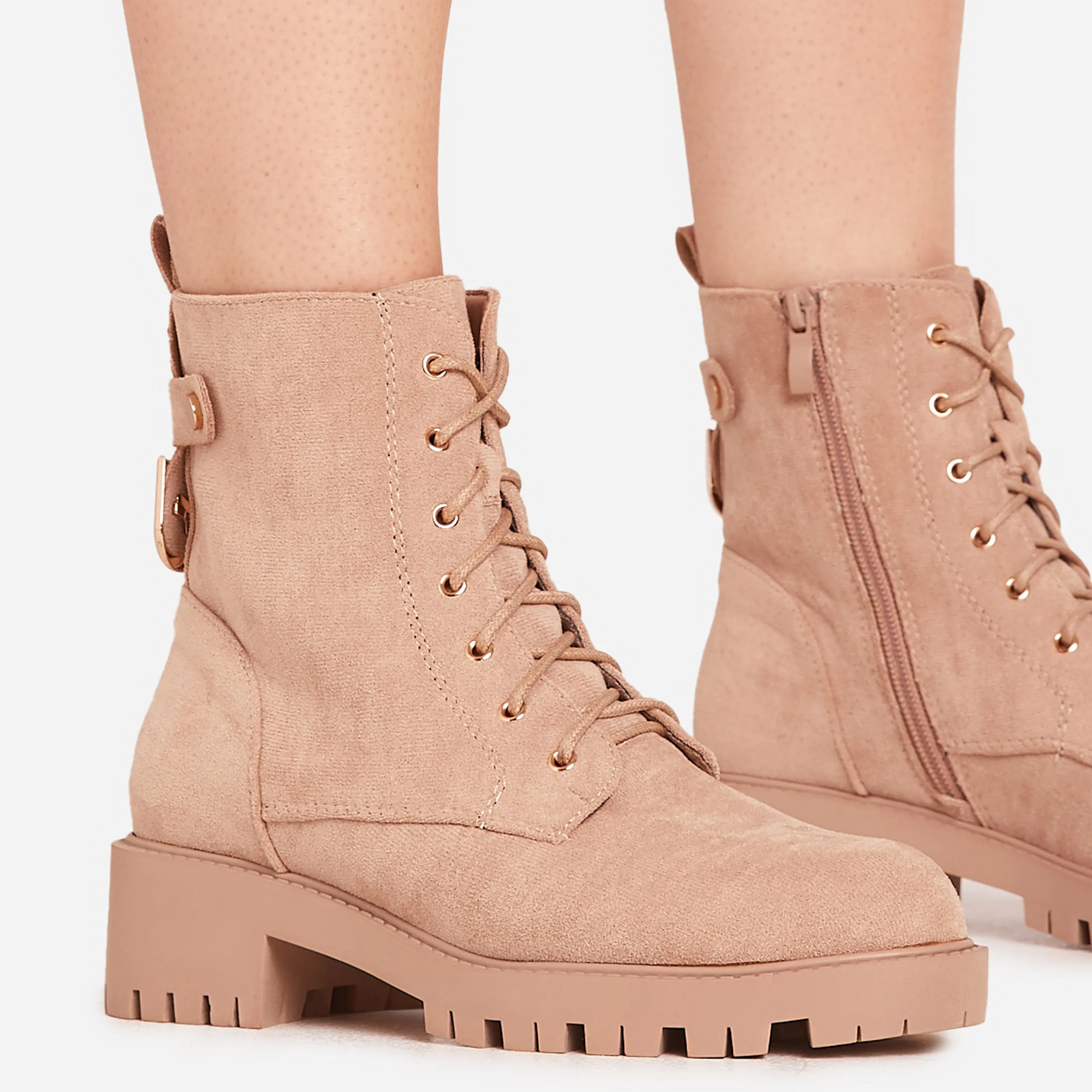 Zeasty Lace Up Chunky Ankle Biker Boot In Nude Faux Suede