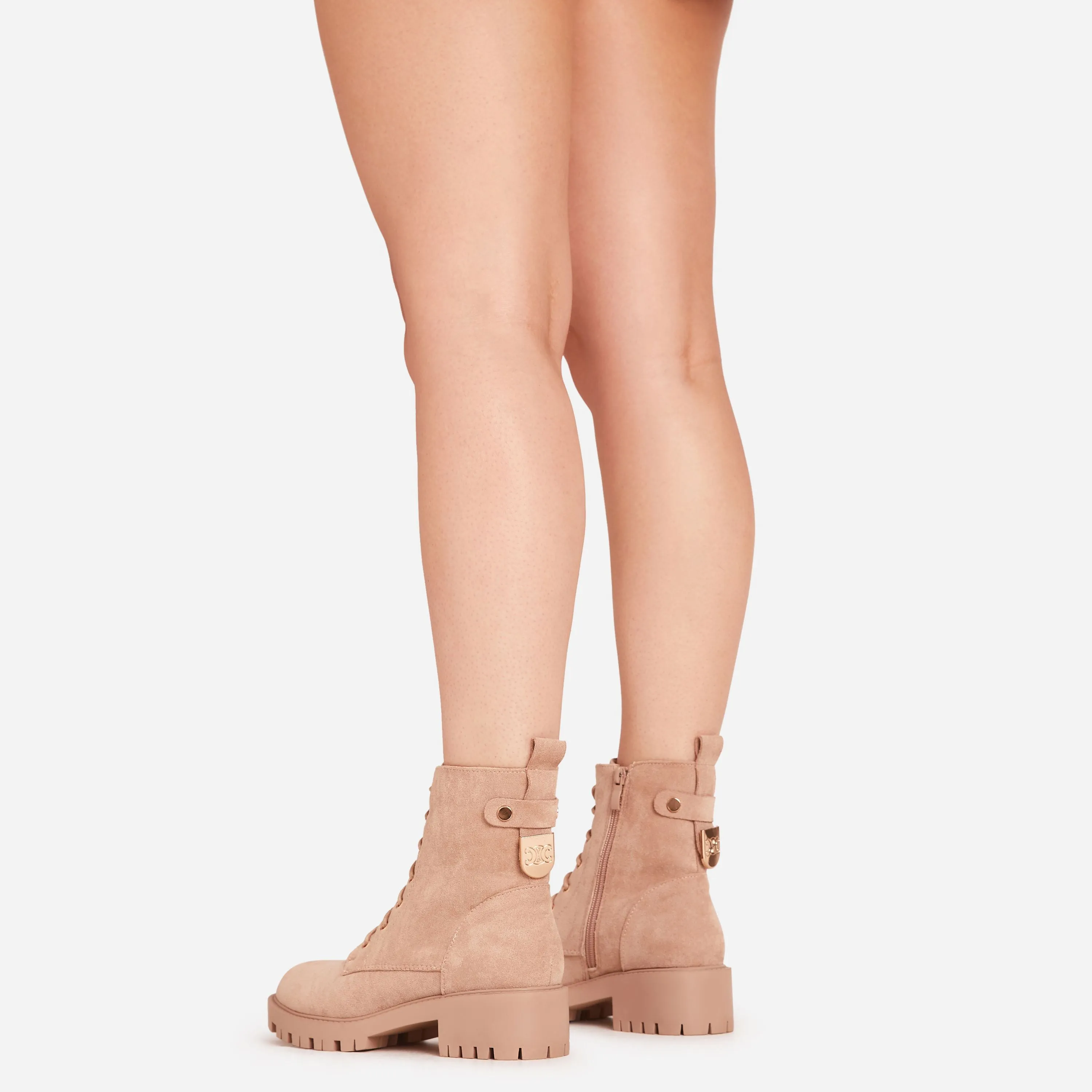 Zeasty Lace Up Chunky Ankle Biker Boot In Nude Faux Suede